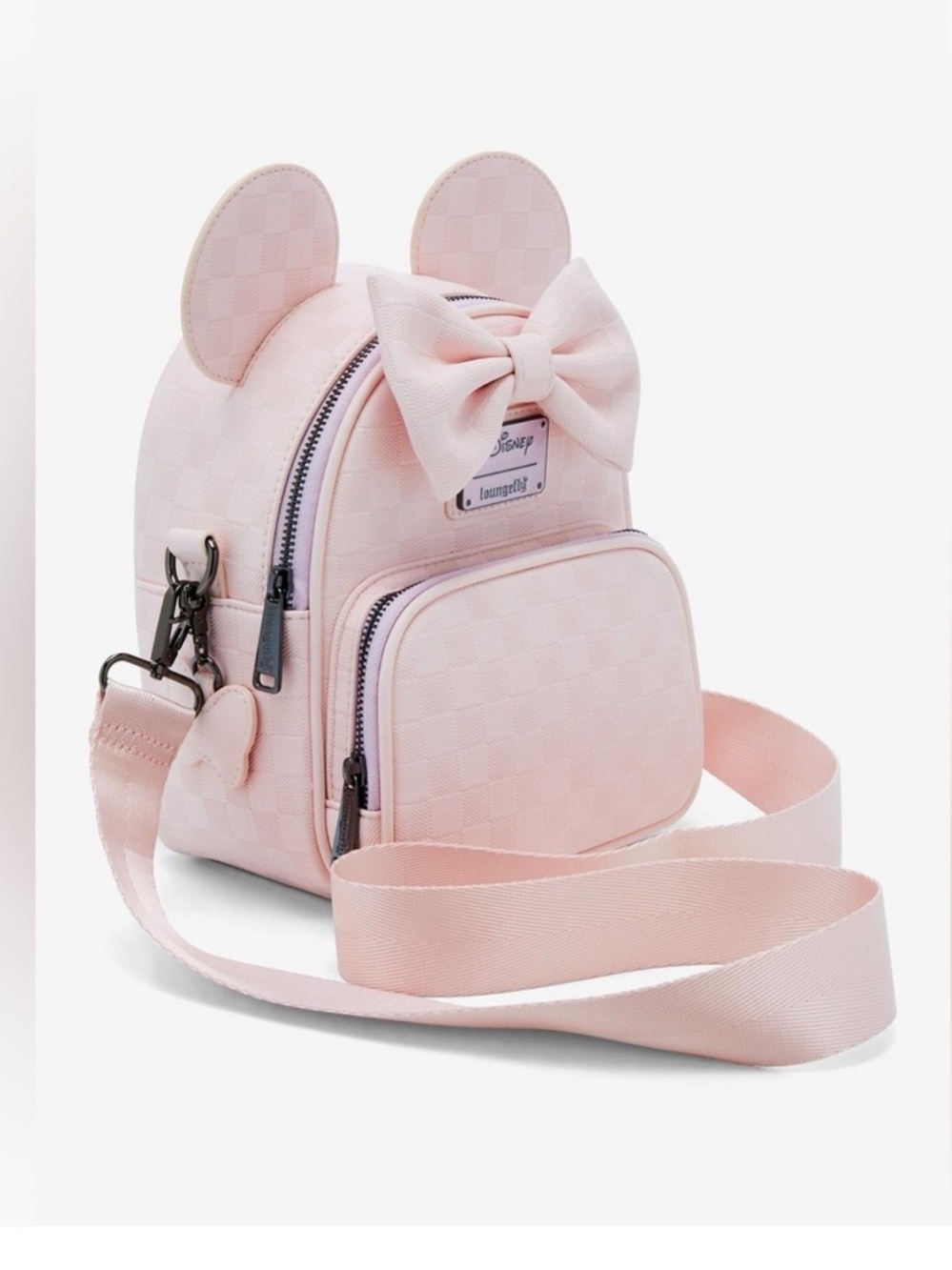 Loungefly Pink Minnie Mouse Mini Checkered Texture Backpack Crossbody Purse